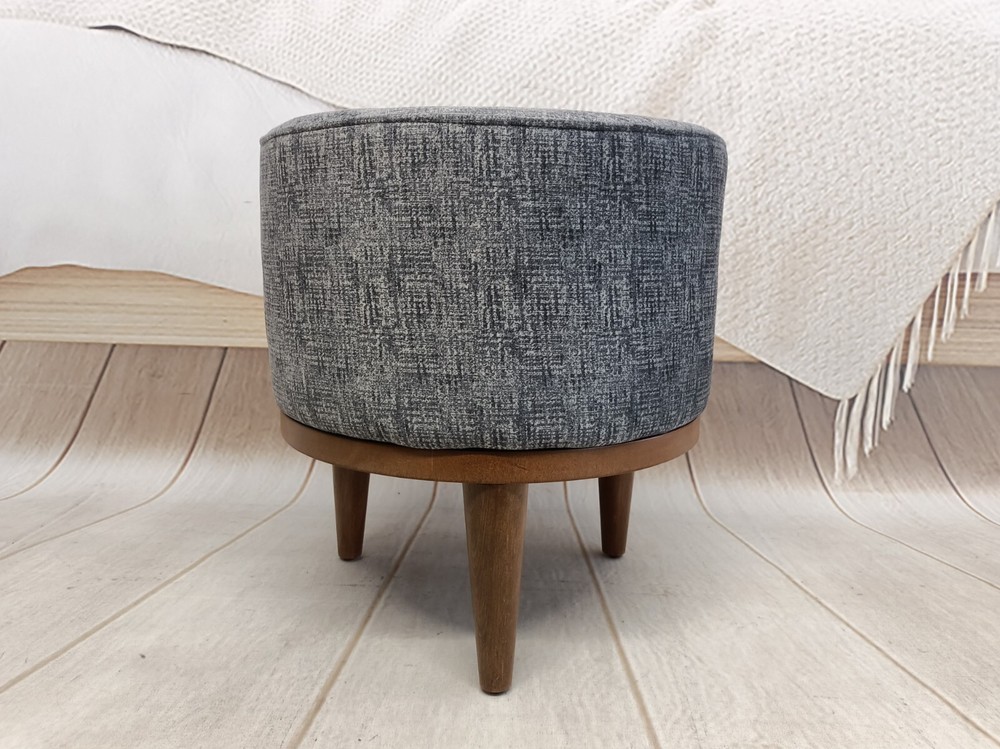 Round Ottoman Bench Handmade Tufted Foam Fill Polyester Fabric Gray