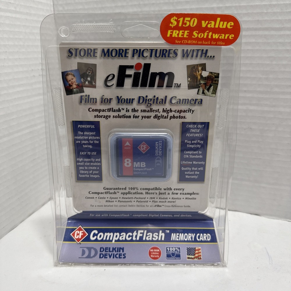 New Delkin 8 MB CompactFlash Card DDCFFLS2-8 + Digital Imaging Software Pack