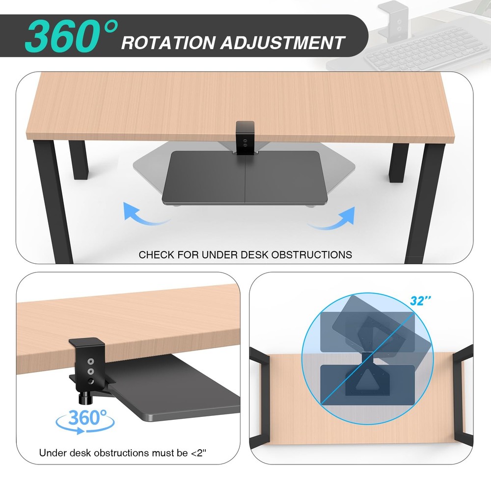 Large Under Desk Rotatable Computer Keyboard and Mouse Tray, Extra Sturdy Des...