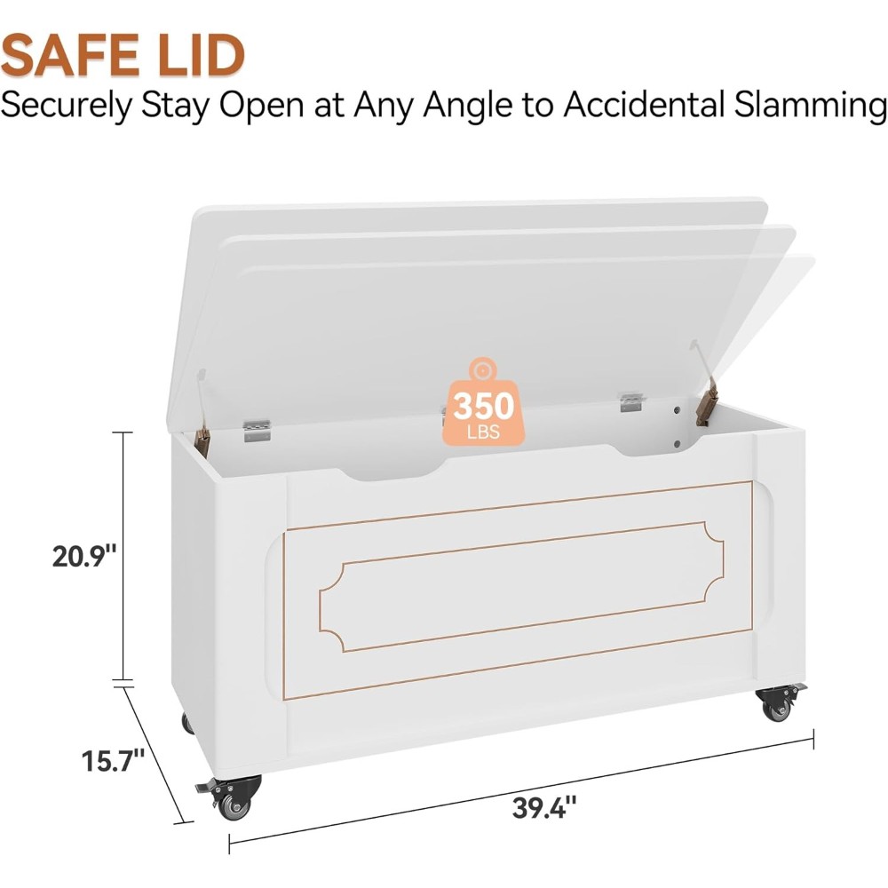 Versatile White Wood Storage Bench, Safety Hinge & Rounded Corner, 350lb Support