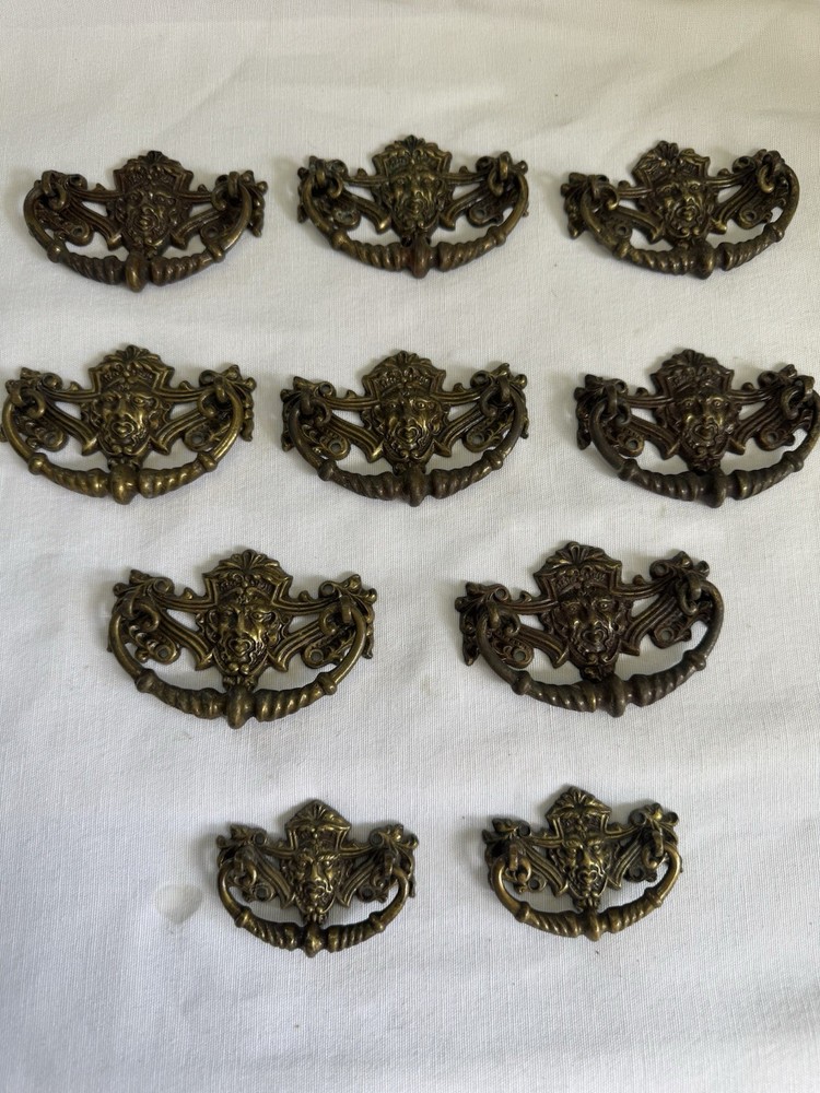 10 Rare Gothic Victorian Devil Face Brass Bail Drawer Pulls (8 Large & 2 Small)