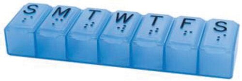 Pill Organizer 7‑Day XL Translucent Blue Raised Letters Braille 7 Compartment