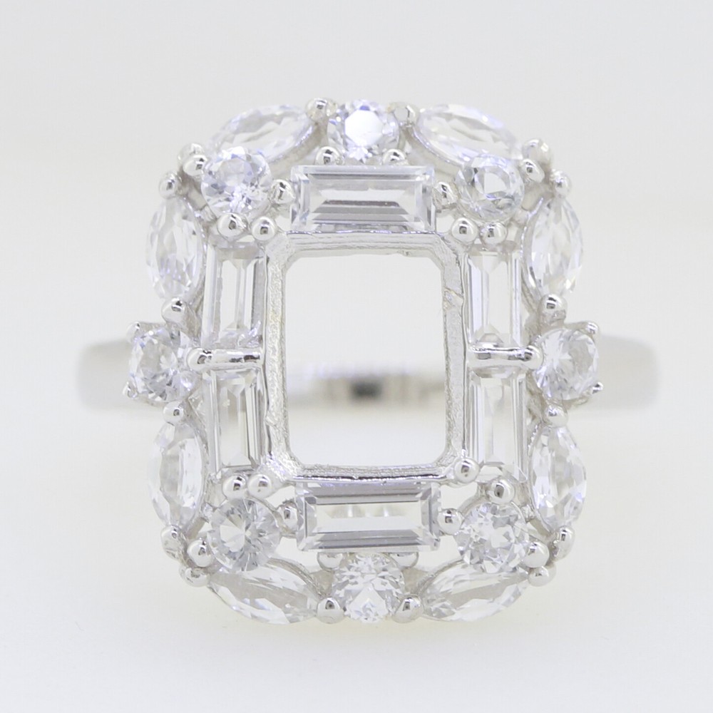 Sterling Silver Semi Mount Ring Setting Emerald OCT 9X7mm White Topaz