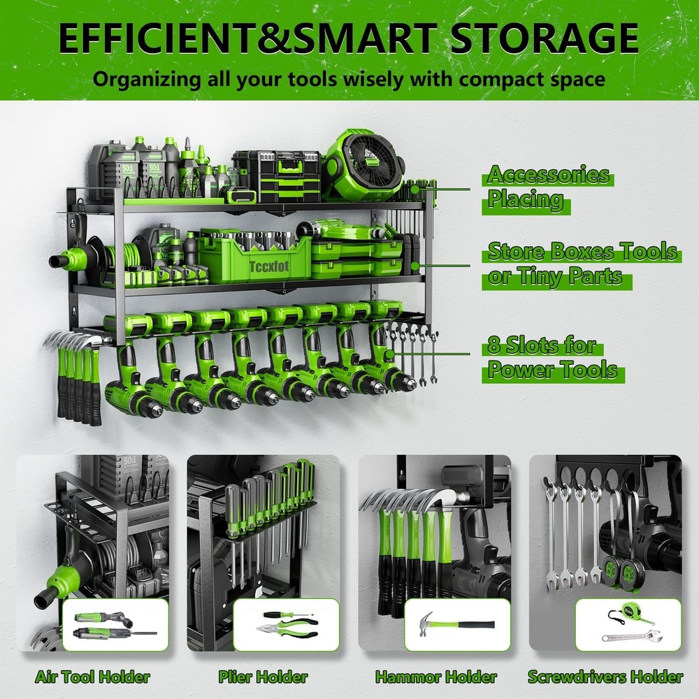 Power Tool Organizer - 3 Layer 8 Drill Holder Wall Mount, Storage Rack for Ga...