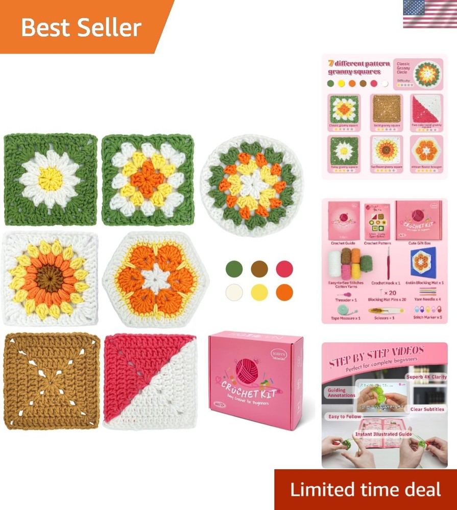 Crochet Kit for Advanced Beginners with Step-by-Step Video Tutorials, Granny Squ