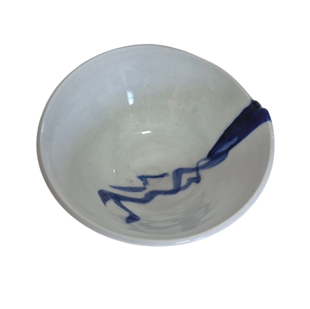 Studio Pottery Bowl Abstract Blue Drip Glaze Footed Base Organic Form Signed