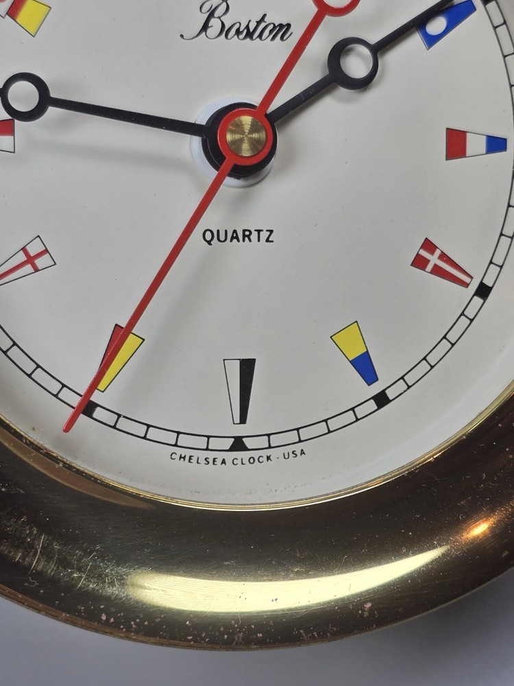 CHELSEA Boston Ship Clock Nautical Flags 4.5" Dial Solid Brass with Second Hand