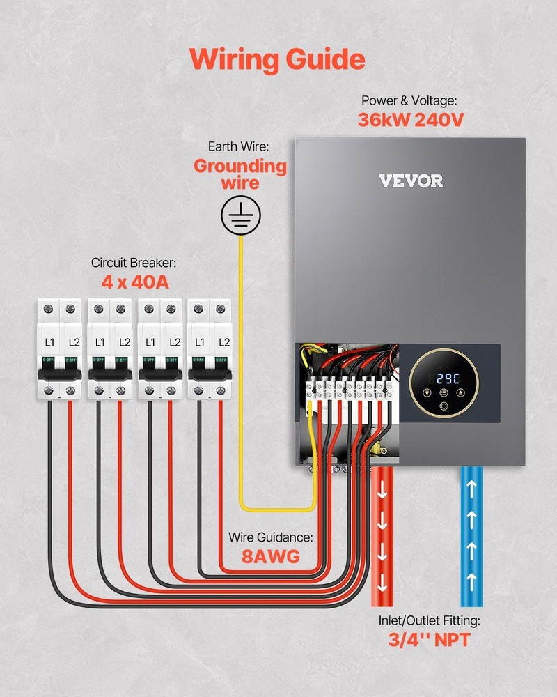 36kW Continuous Flow Electric Water Heater with Digital Lock System