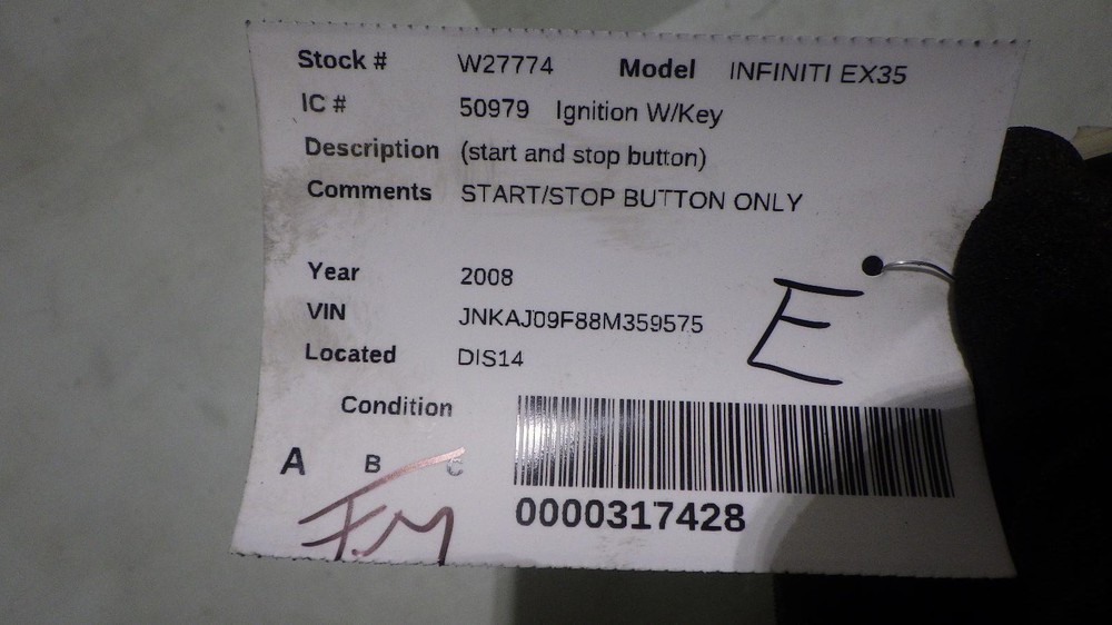 08 INFINITI EX35 Start And Stop Button Ignition