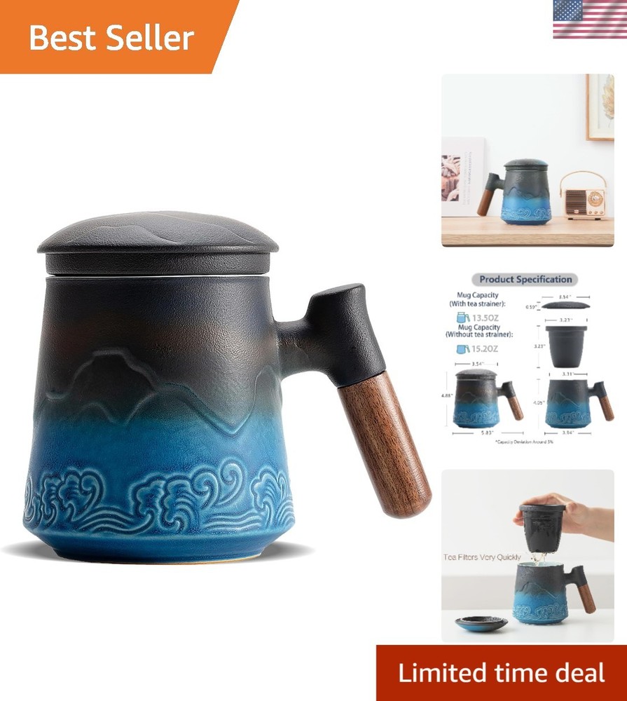 Tea Cup with Infuser and Lid for Loose Leaf Steeping, 16.9oz Embossed Ceramic...