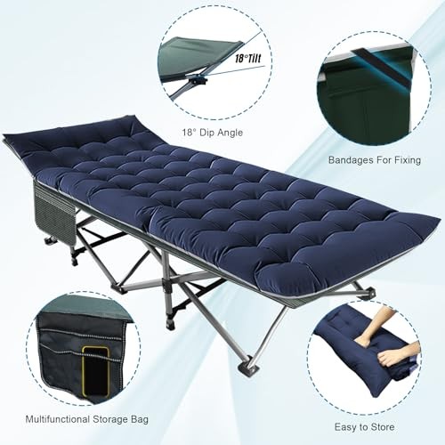 Camping Cot, Folding Camping Cots for Adults Sleeping 1200D Double Layer Blue