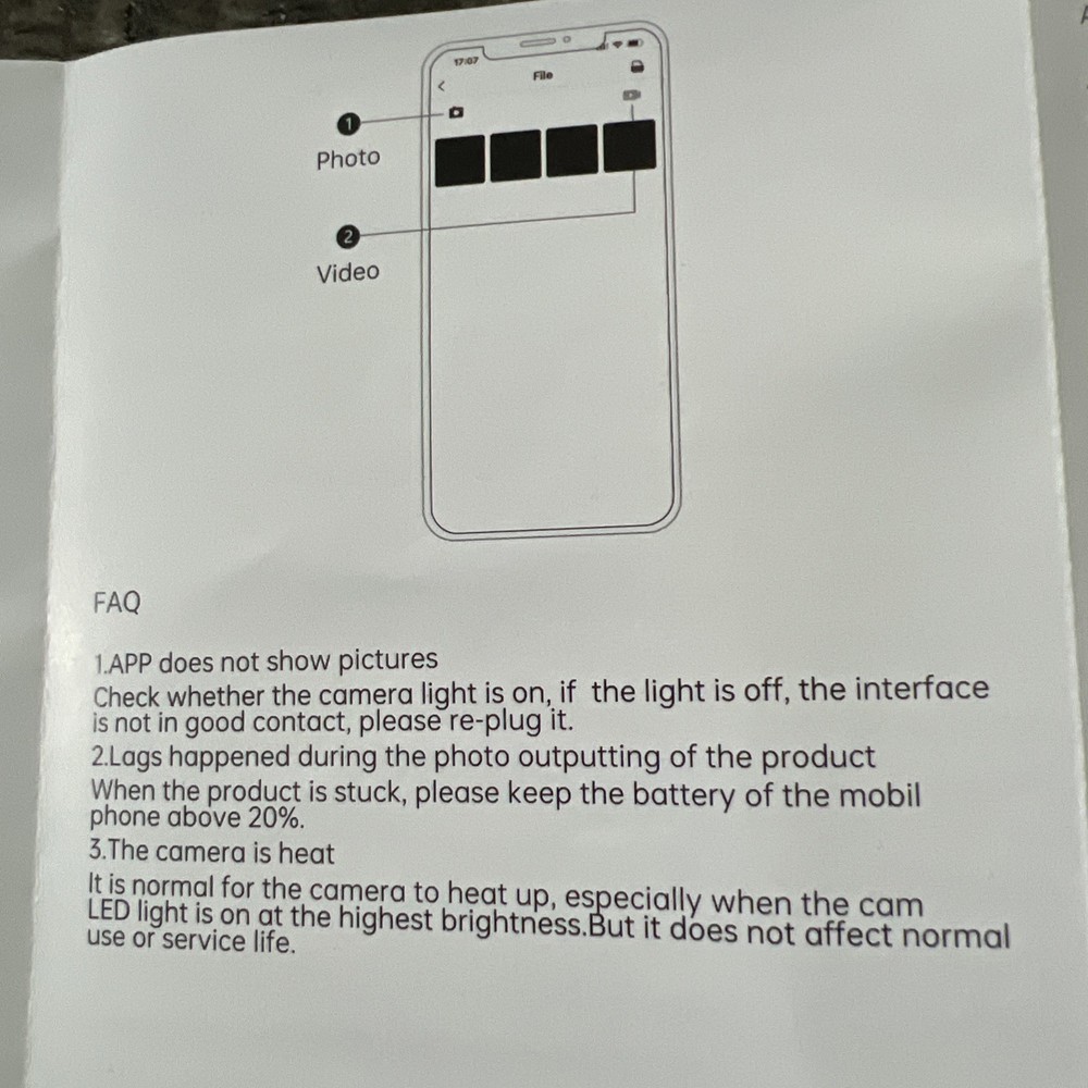 Inspection Camera 6 LED 1920p App- IOS/Android Endoscope Borescope Working EUC