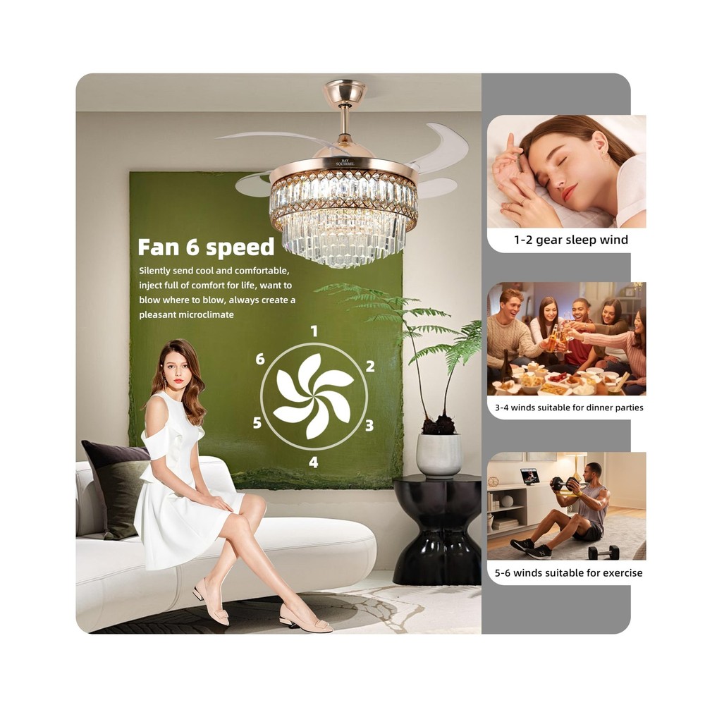 Retractable Crystal Ceiling Fan with Lights and Remote/APP Control, Bluetooth...