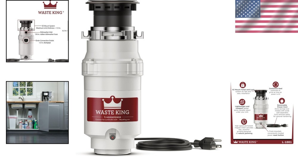Compact 1/2 HP Garbage Disposal - Continuous Feed, EZ Mount, Plug-in, Reliable