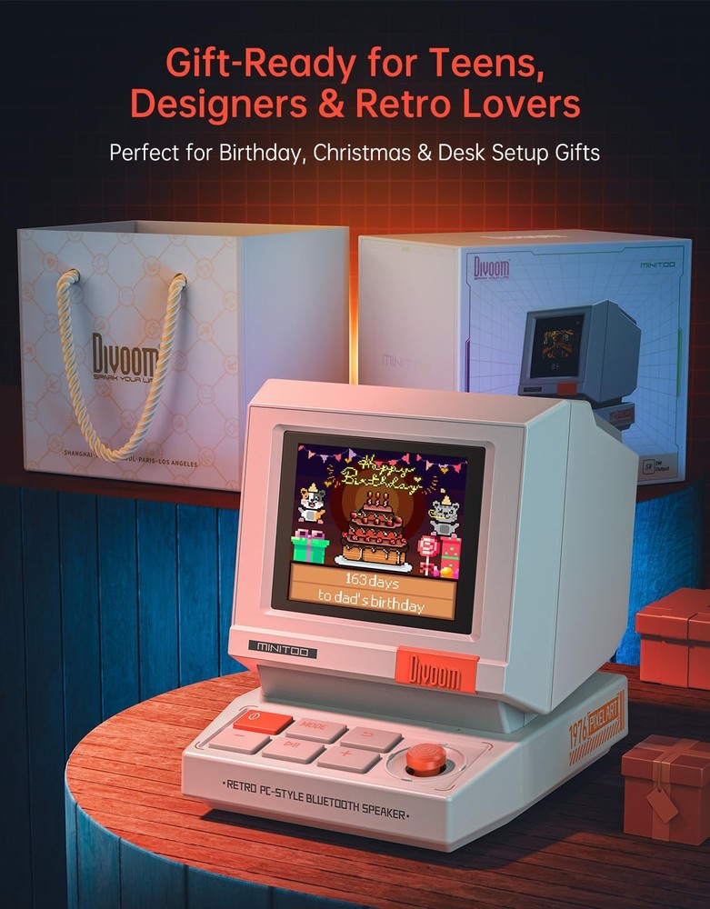 Divoom MiniToo Retro PC-Style Computer Speaker, Smart Pixel Screen with Beige