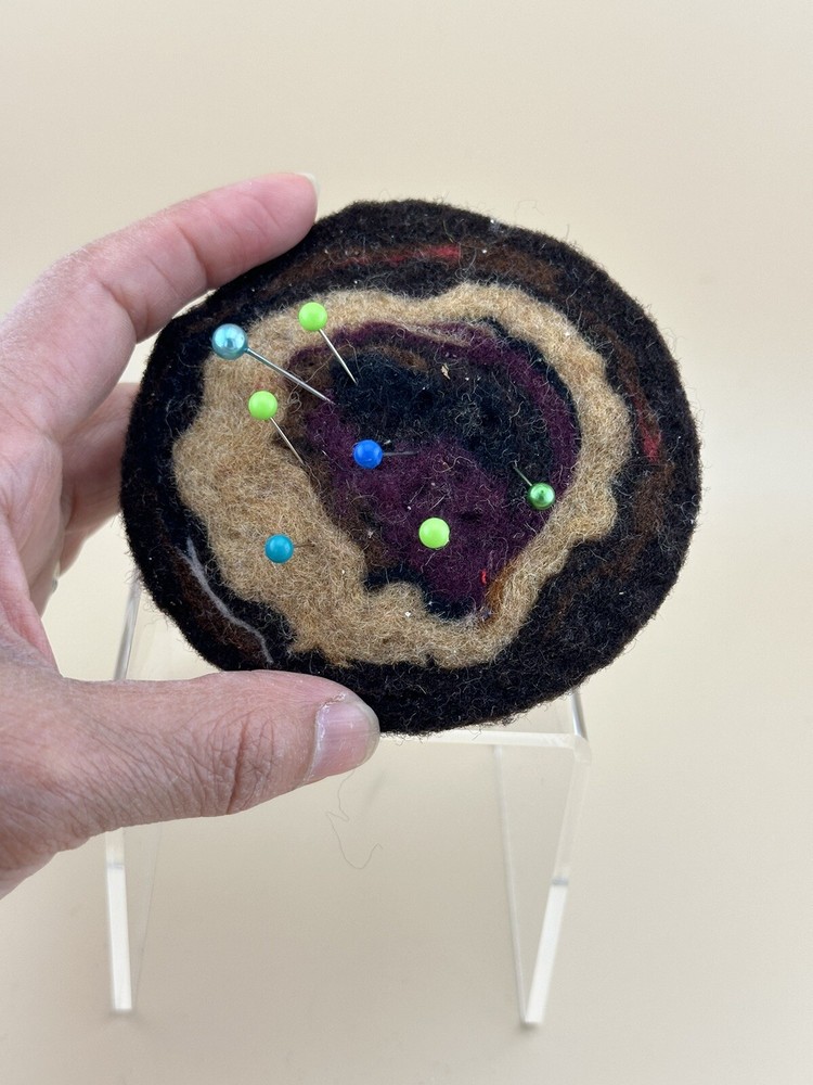 Felted Wool Pin Cushion Handmade Abstract Round Chocolate