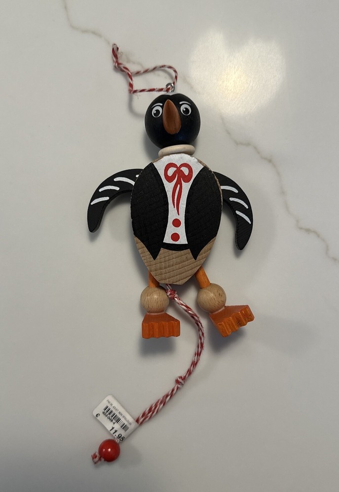 Wood Hand Painted Penguin Pull String Ornament 5.5" Made in Austria
