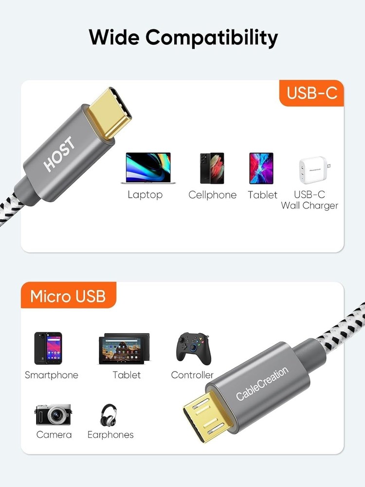 CableCreation Short USB C to Micro Cable 0.65 FT, Braided 0.65FT, Grey