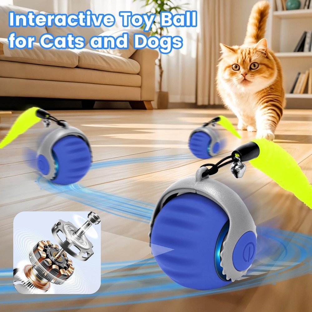 Interactive Cat Ball Toy with Moving Tail, Automatic Rolling Pet Toy - Blue&Red