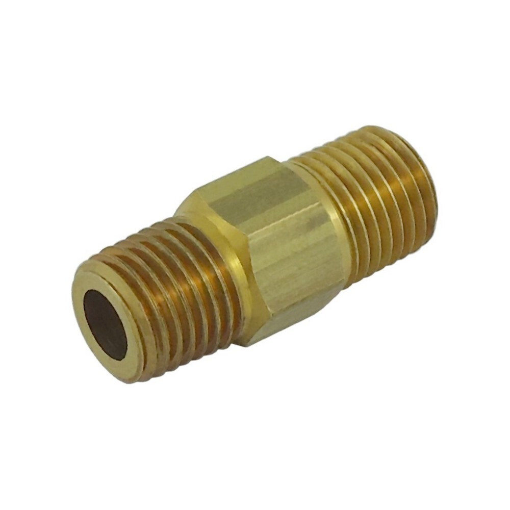 REGULATOR FITTING - HEX NIPPLE - 1/4" MPT LEFT - 1/4" MPT RIGHT - REVERSE THREAD