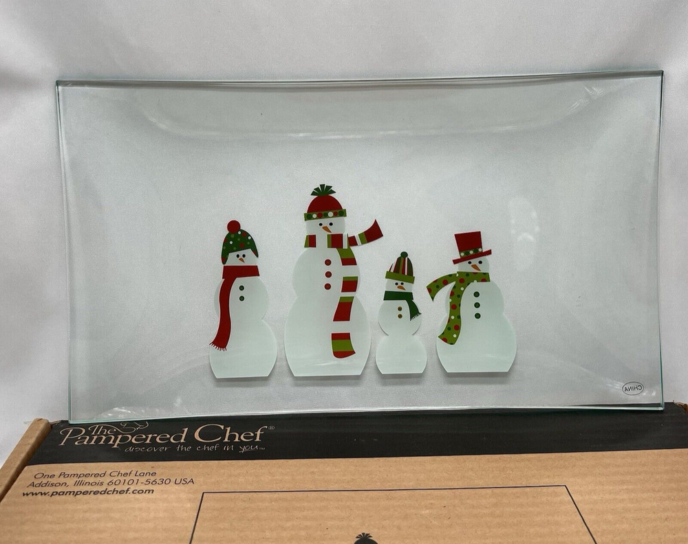 Pampered Chef Snowmen Rectangular Glass Serving Platter #2821 ~ NEW Christmas