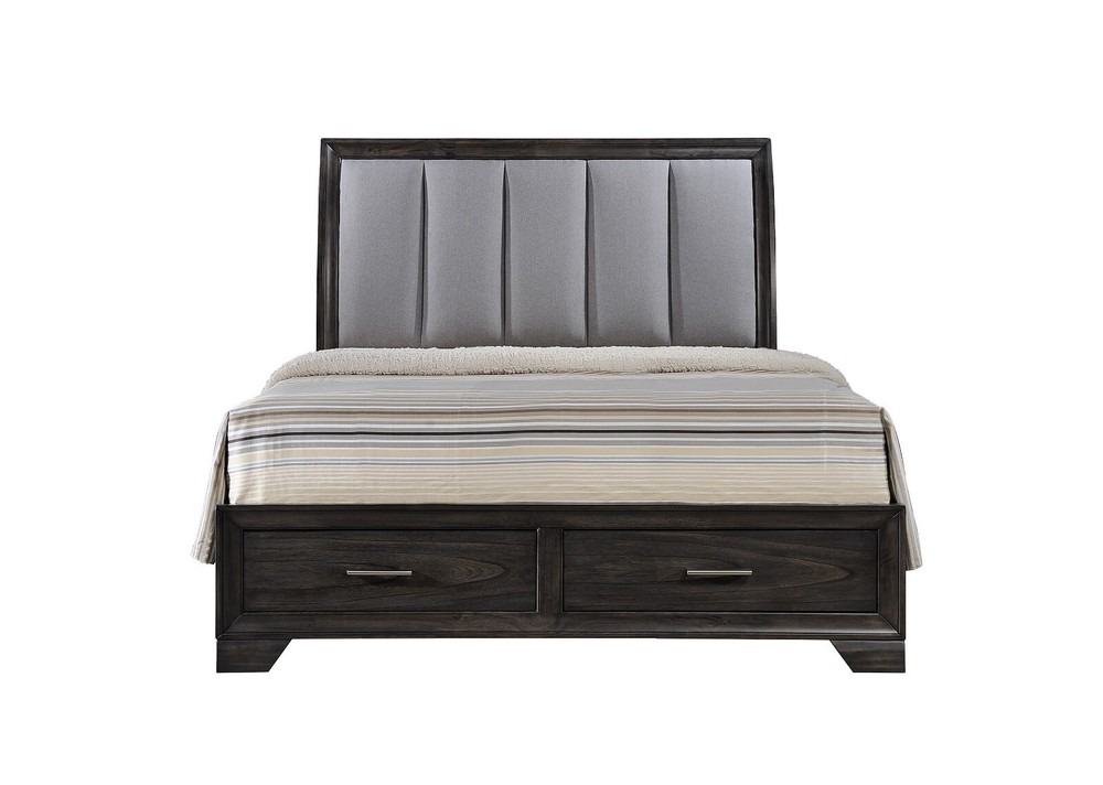 6Pc Queen Size Platform Storage Footboard Bed Set Dark Gray Finish Solid Wood