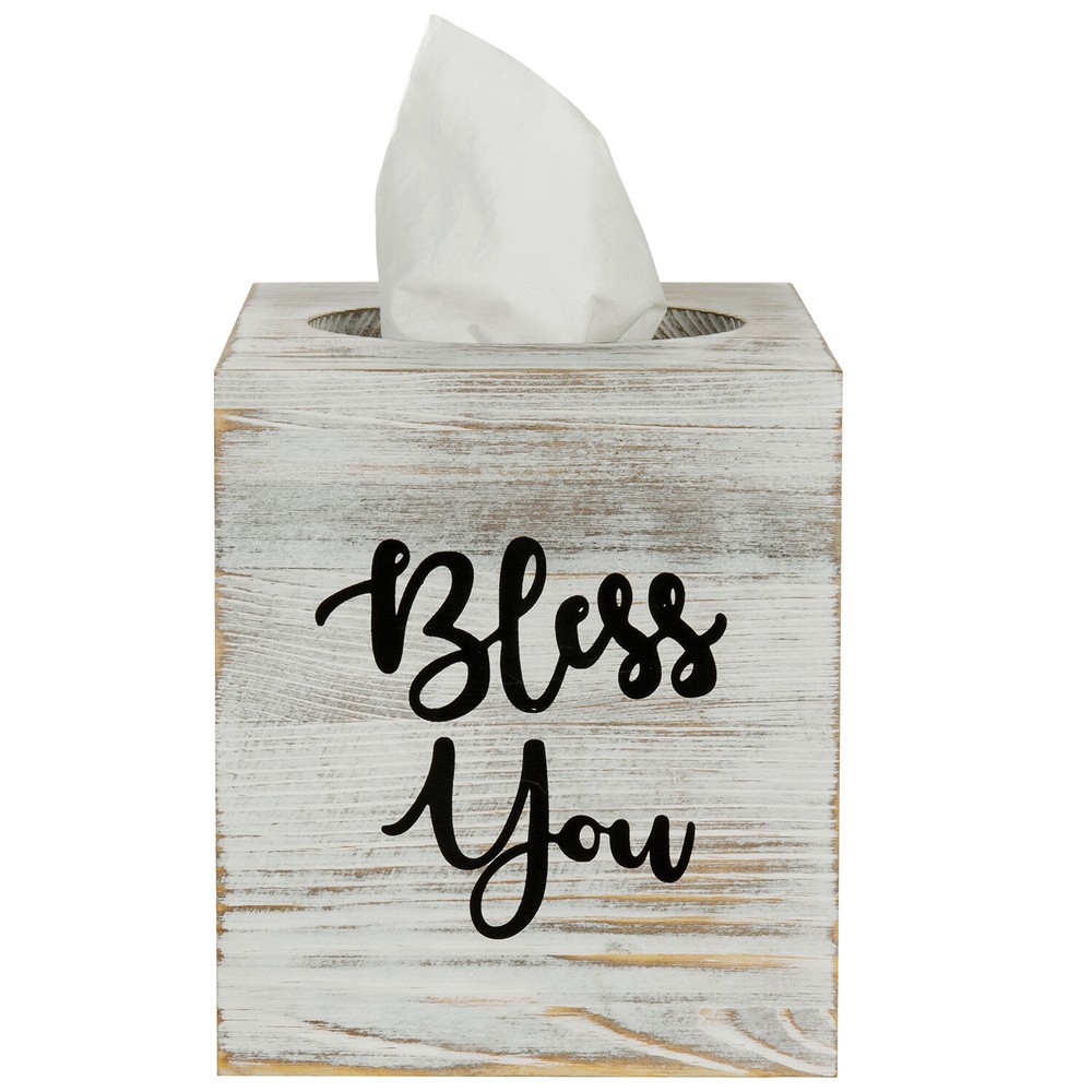 White Wood Tissue Holder w/ Easy Slide Out Bottom, Tabletop Square Tissue Box
