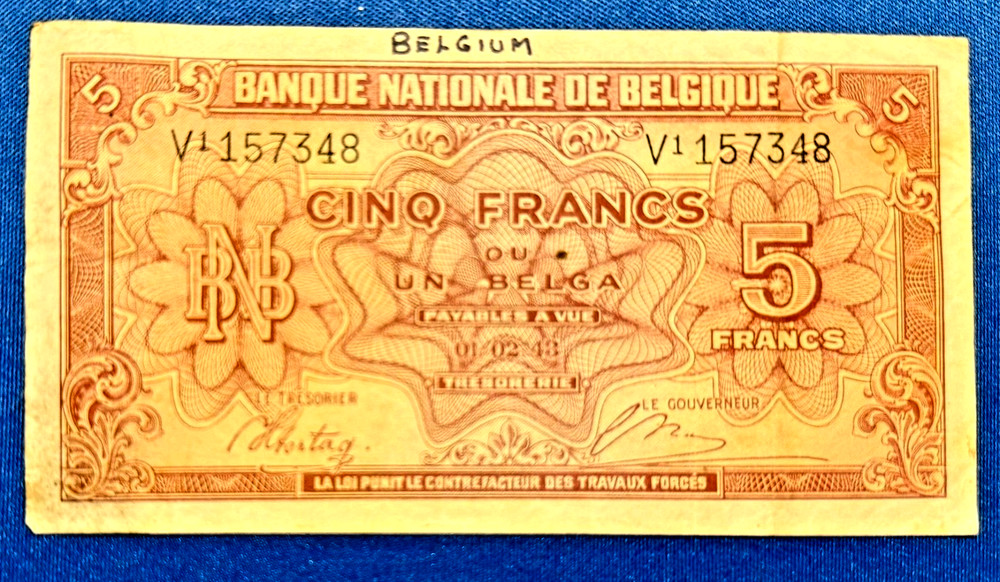 1943 Belgium 5 Francs Banknote Currency - Circulated
