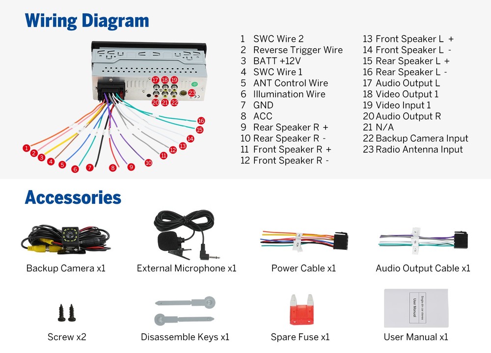 Single 1 DIN 6.36" Touchscreen Stereo Wireless CarPlay Android Auto w/ Bluetooth