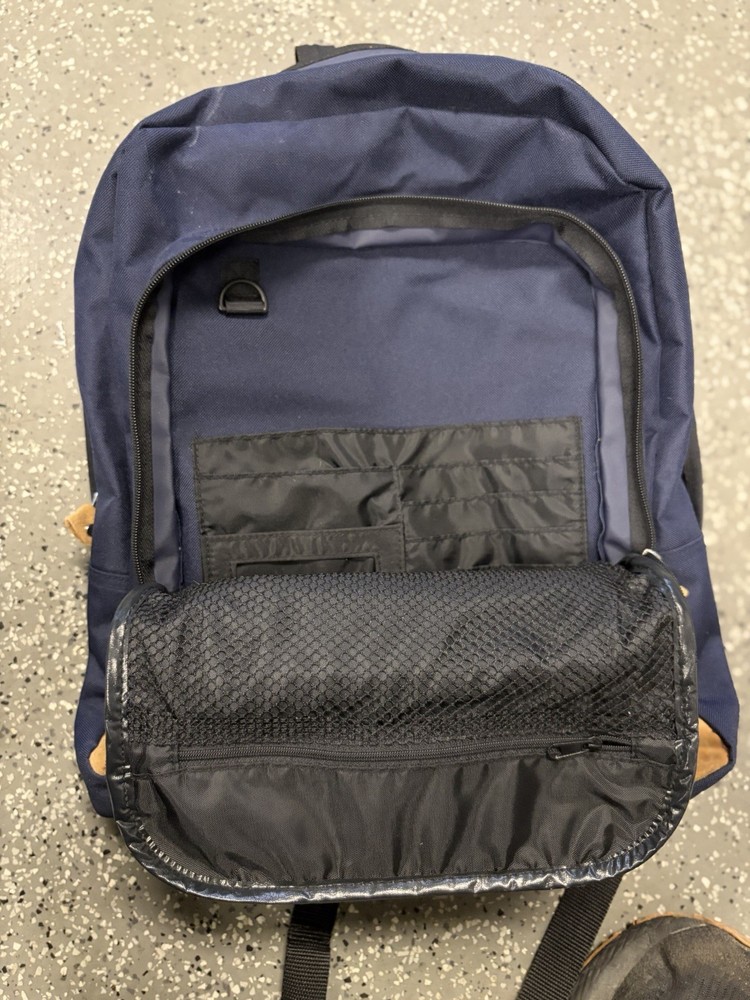 Eastsport Fabric & Suede Navy Blue & Tan Daypack Backpack, Multiple Compartments