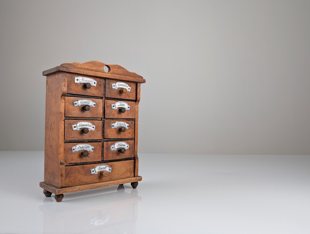 Spanish Rustic Wooden Spice Tree with Ceramic Labels, 1930s