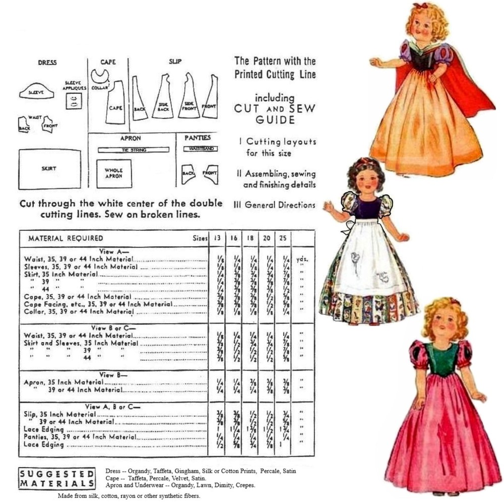 16" Doll Clothes Pattern, Snow White, Shirley Temple Sewing Pattern