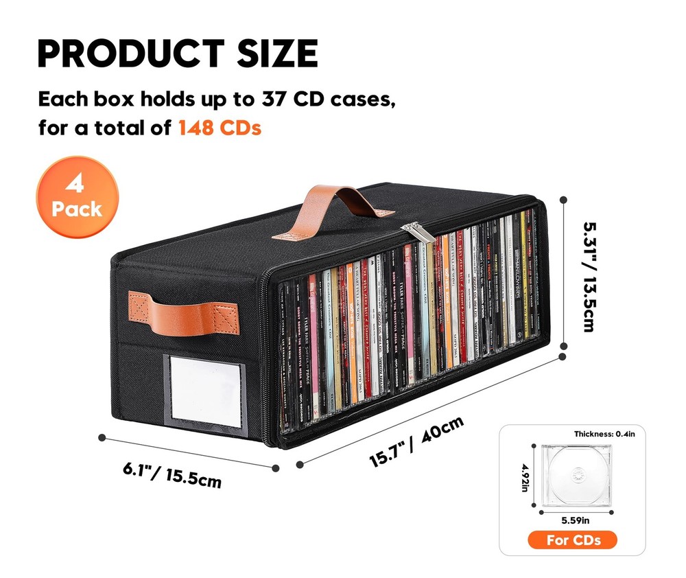 Clear Front CD Storage Box 4 Pack Dustproof Zippered Case Holder with Top & Side