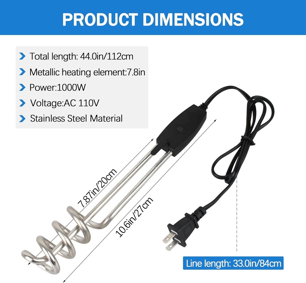 Stainless Steel Immersion Heater/Submersible Water Heater,1000W-110V Portable