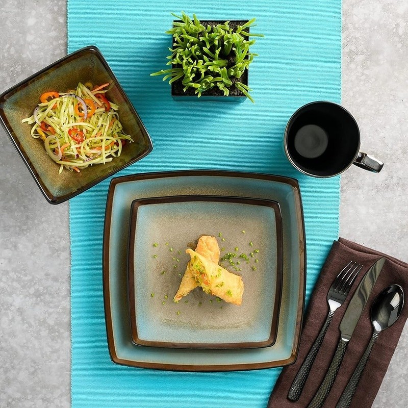 Square Stoneware Dinnerware Set Service 4 Dishwasher Safe Unique Reactive Glaze