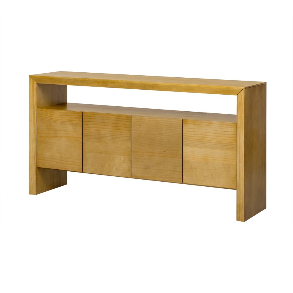 60" Modern Minimalist Solid Wood Veneer Sideboard (4 Doors+Open Shelf, Natural
