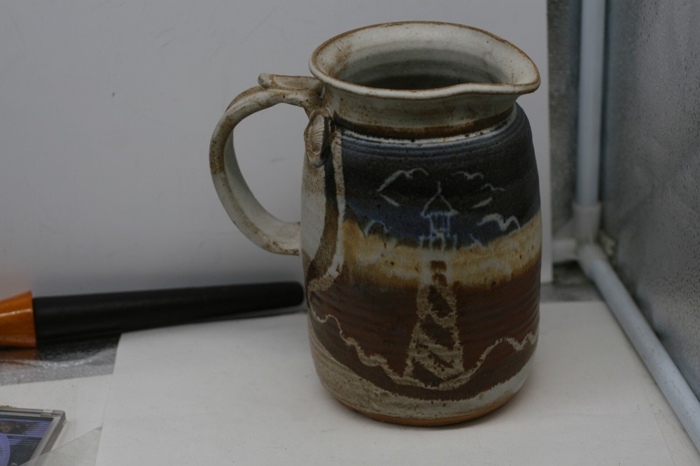 Hand Thrown Pitcher Signed Stokes LIGHTHOUSE  Seashells Ice Lip M6