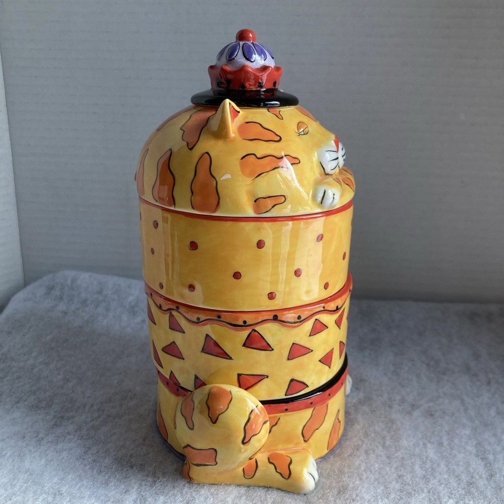 CM Redwine Folk Art Cat Ceramic Stackable spice bowls with lid