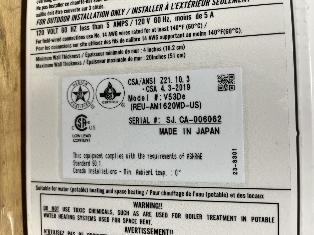 Rinnai V53DeN Outdoor Tankless Water 120k BTU Natural Gas (C-8 #1736)