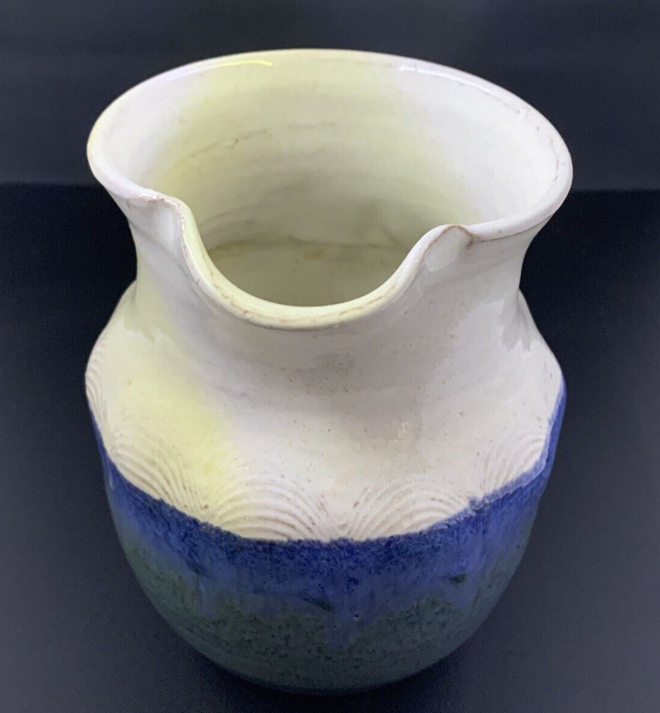 Multicolor Glazed Clay Pottery Pitcher Jug Pinched Edge Spout - Signed