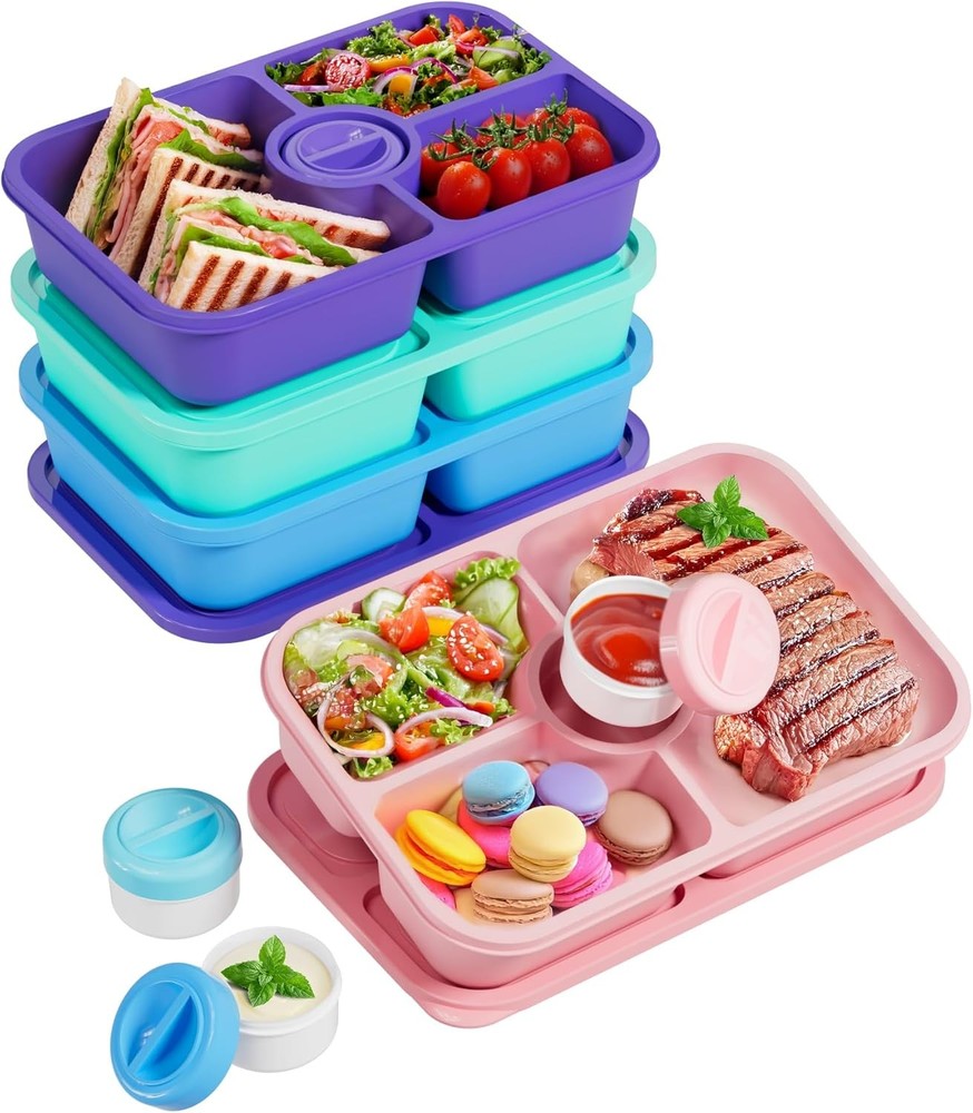 4 Pcs Bento Snack Box Containers, 4 Compartment Divided Stackable Food Storage C