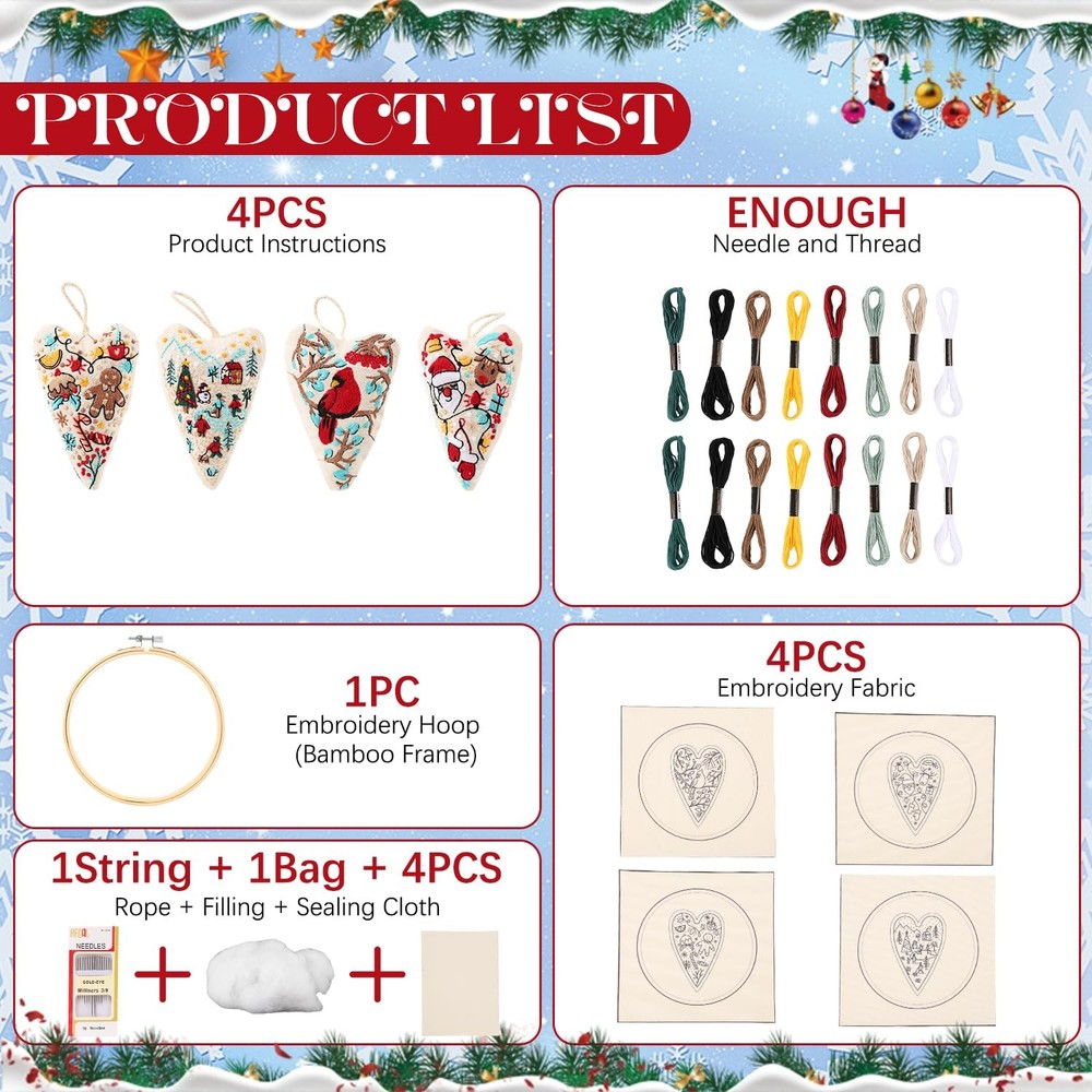4Pcs DIY Heart Shaped Hand Embroidered Christmas Small, Multi-colored