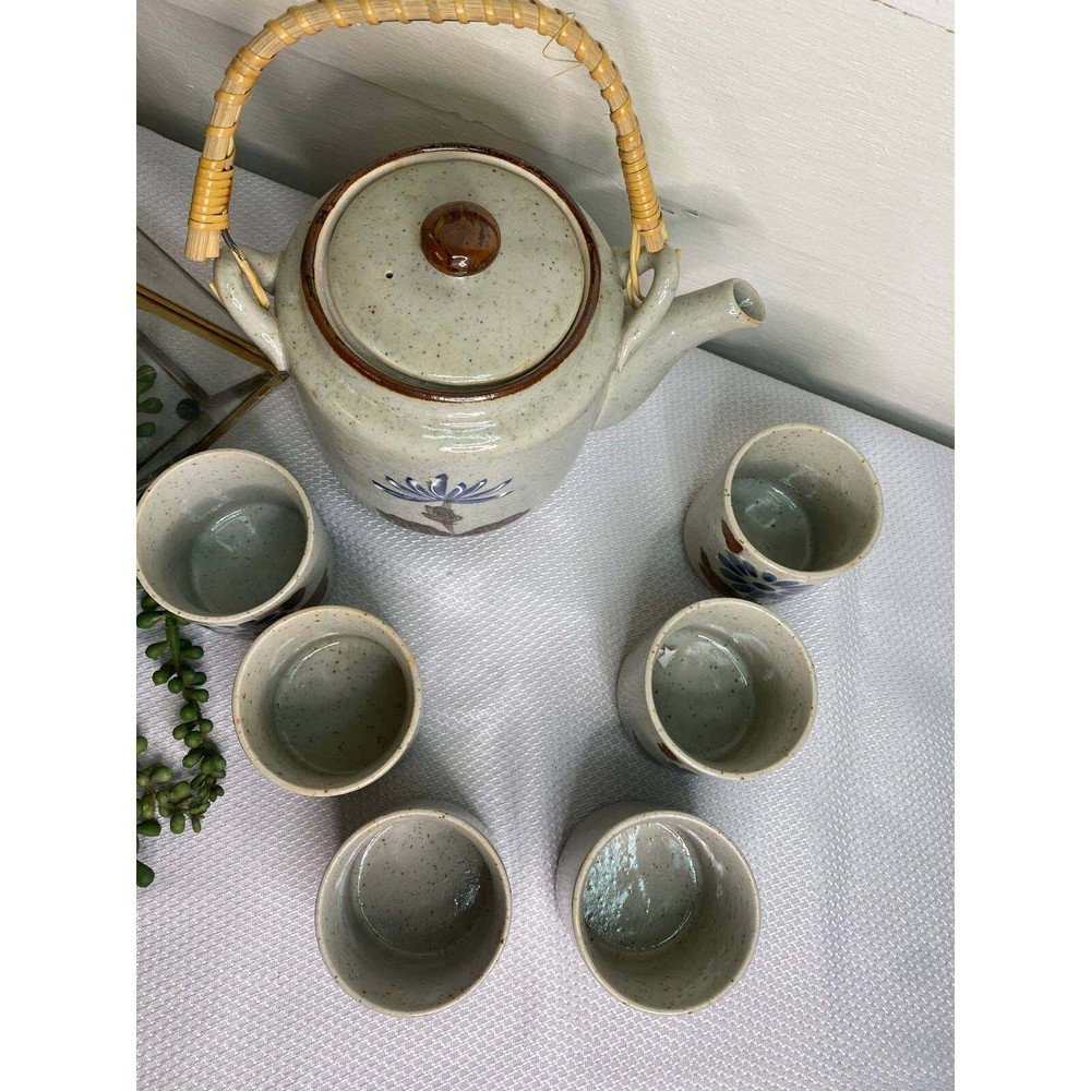 Stoneware Tea Set Kettle with Six cups Bamboo handle