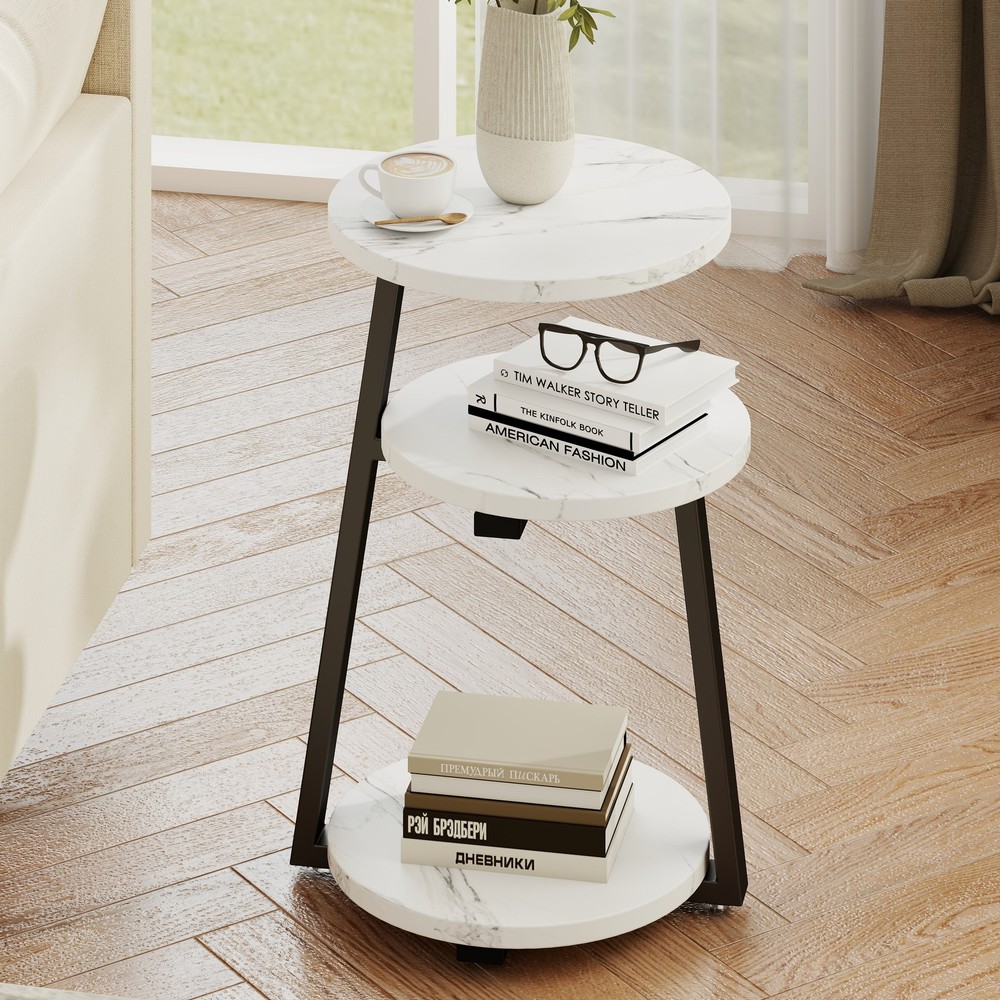 Small Round Side Table with 3-Tier Storage - White Black End Table, Sturdy Met