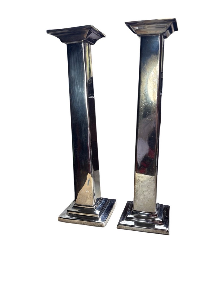 Pair Silver Plated Candlesticks 10.75” India Modern Art Deco Square Base