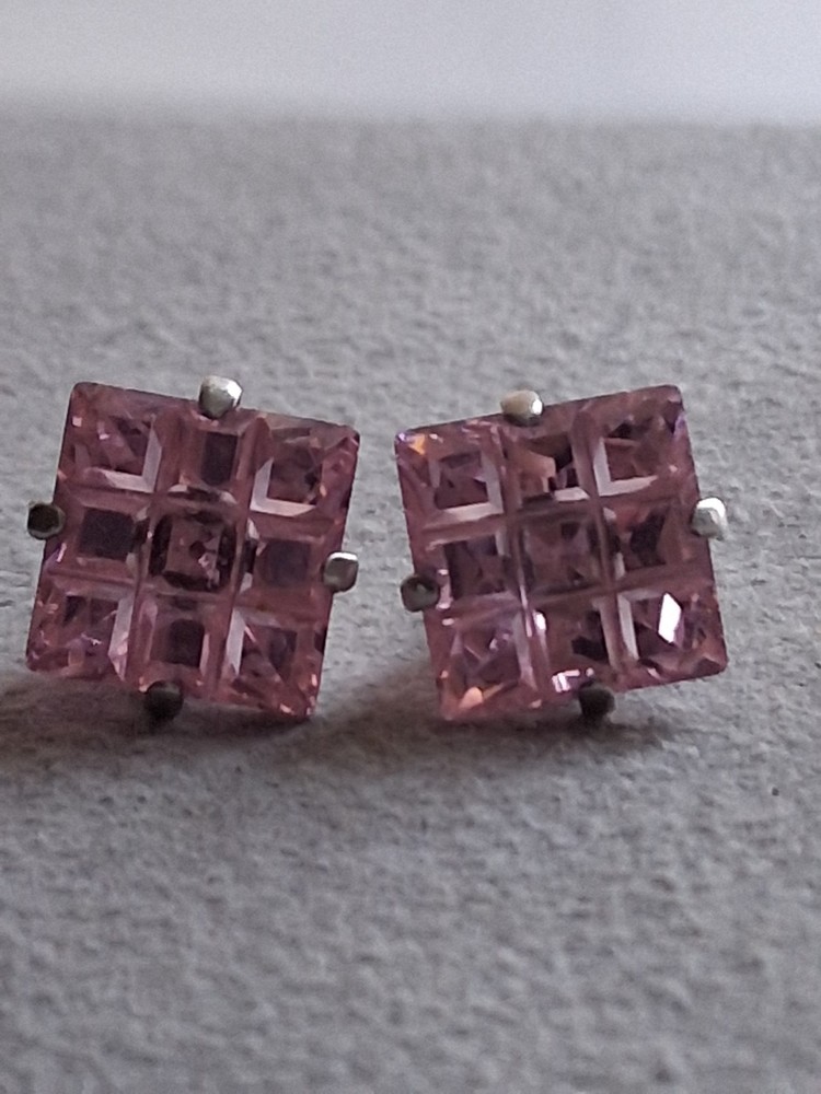 Sterling silver invisible cut pink stone grid pattern stud earrings, prong set