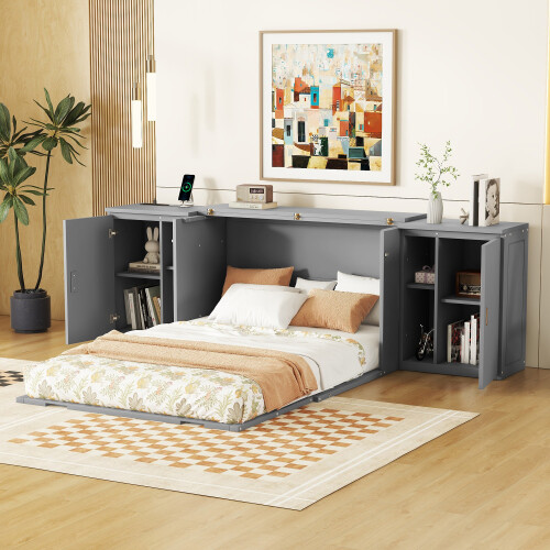 Full Queen Size Murphy Bed with Stroage Cabinets Murphy Chest Cabinets Floor Bed