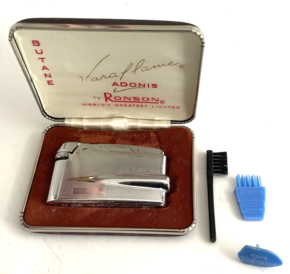 VARAFLAME ADONIS by RONSON Cigarette Lighter CHROME Model '60s BROWN CASE