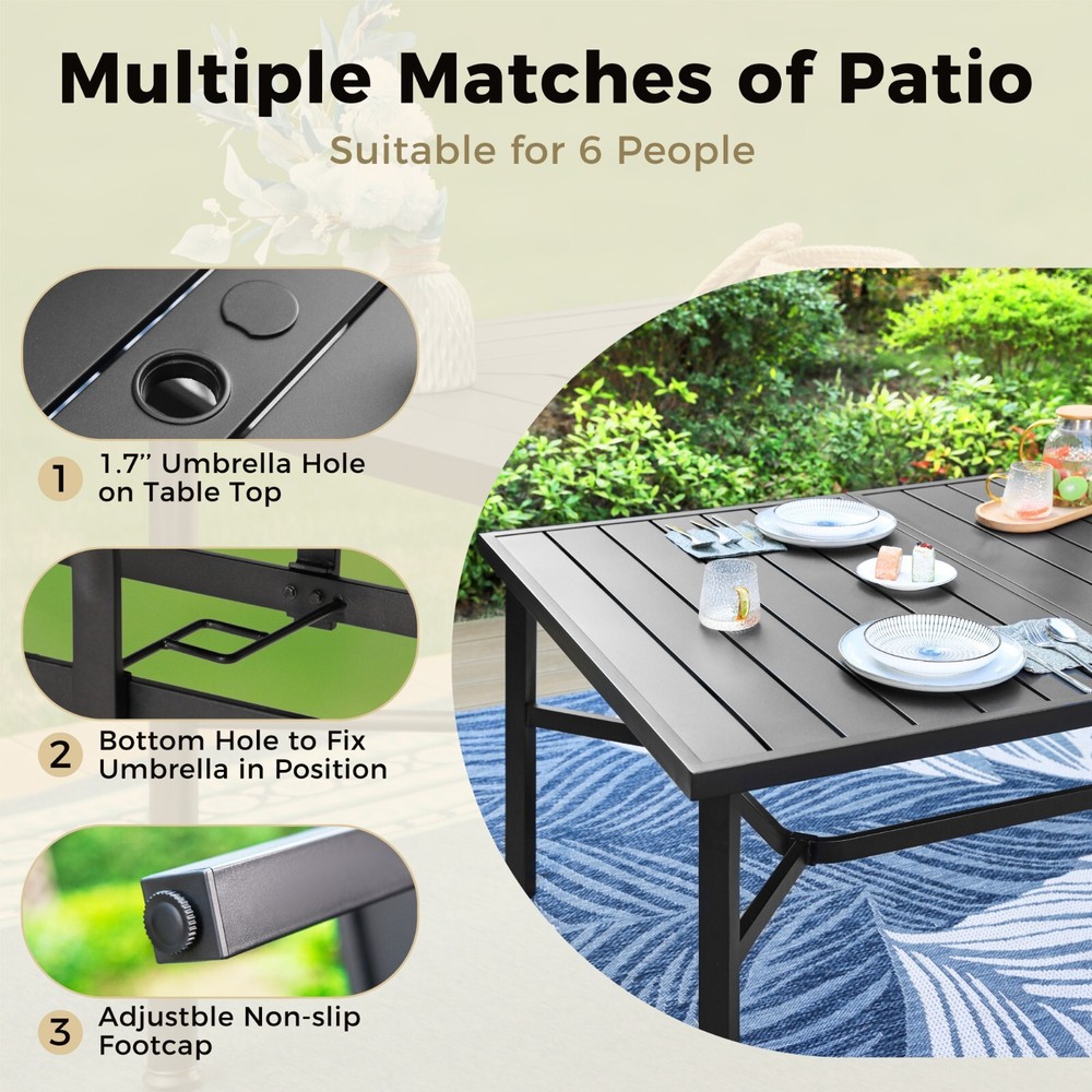 Outdoor Patio Table Rectangular Dining Table with Umbrella Hole for 8 Person