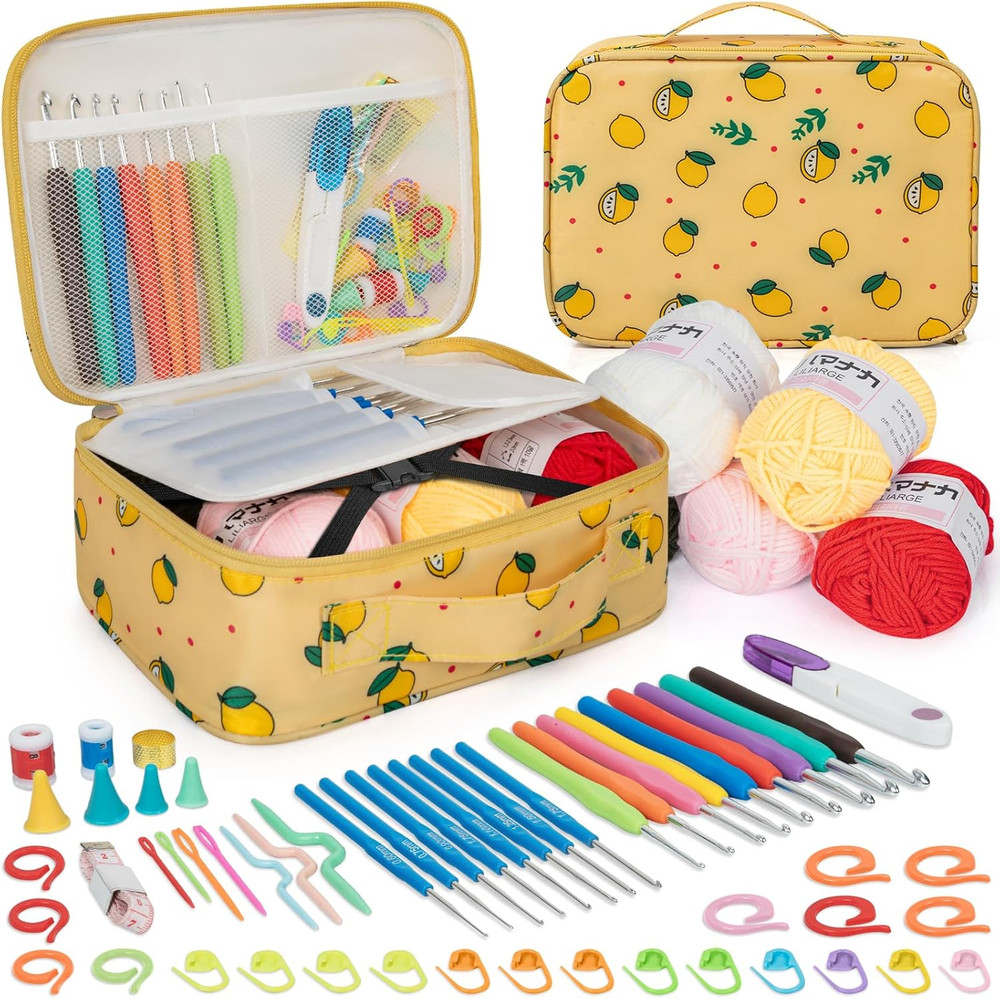 Beginner Crochet Kit 59 PCS with Yarn, Hooks, Tools - Yellow Lemon